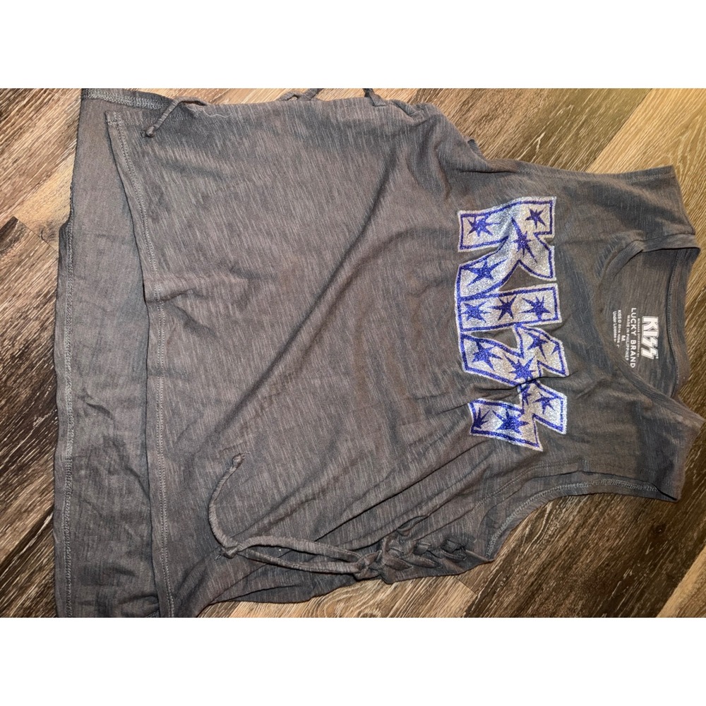 Lucky Brand KISS Graphic Tank Top Gray Lace Up Side Sleeveless Band Tee Medium